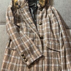 Vintage Apt. 9 Brown Plaid Wool-Blend Pea Coat with Fur-Trimmed Collar